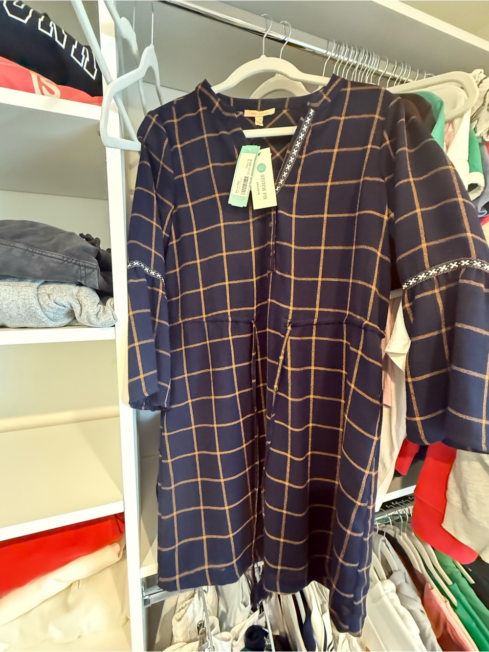 Skies Are Blue Navy Midi Dress with Camel Windowpane